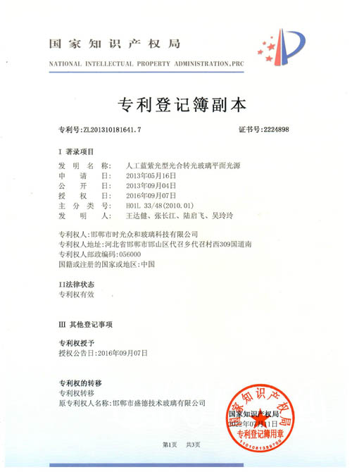轉光玻璃平面光源專利證書